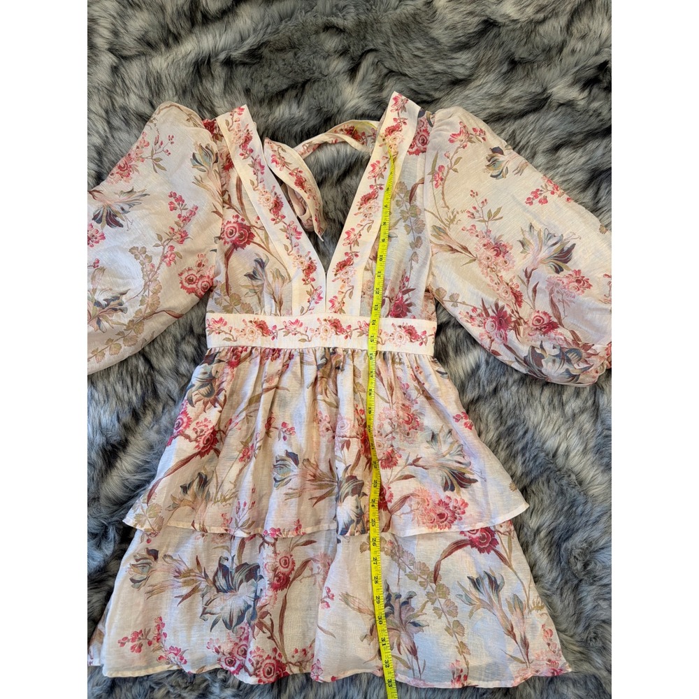 Floral Linen Blend Tiered Mini Dress Puff Sleeve Open Back Tie Pink Cream - Picture 7 of 10